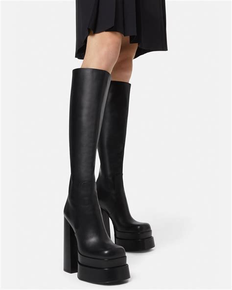 versace over-knee high platform boots 2022|VERSACE Cutout leather knee boots .